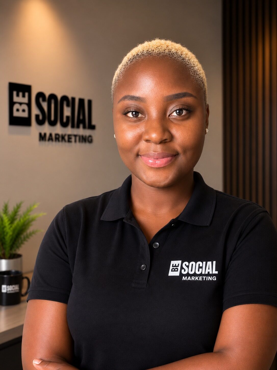 Shavana Social, Founder and Managing Director of Be Social Marketing, wearing a Be Social branded polo shirt